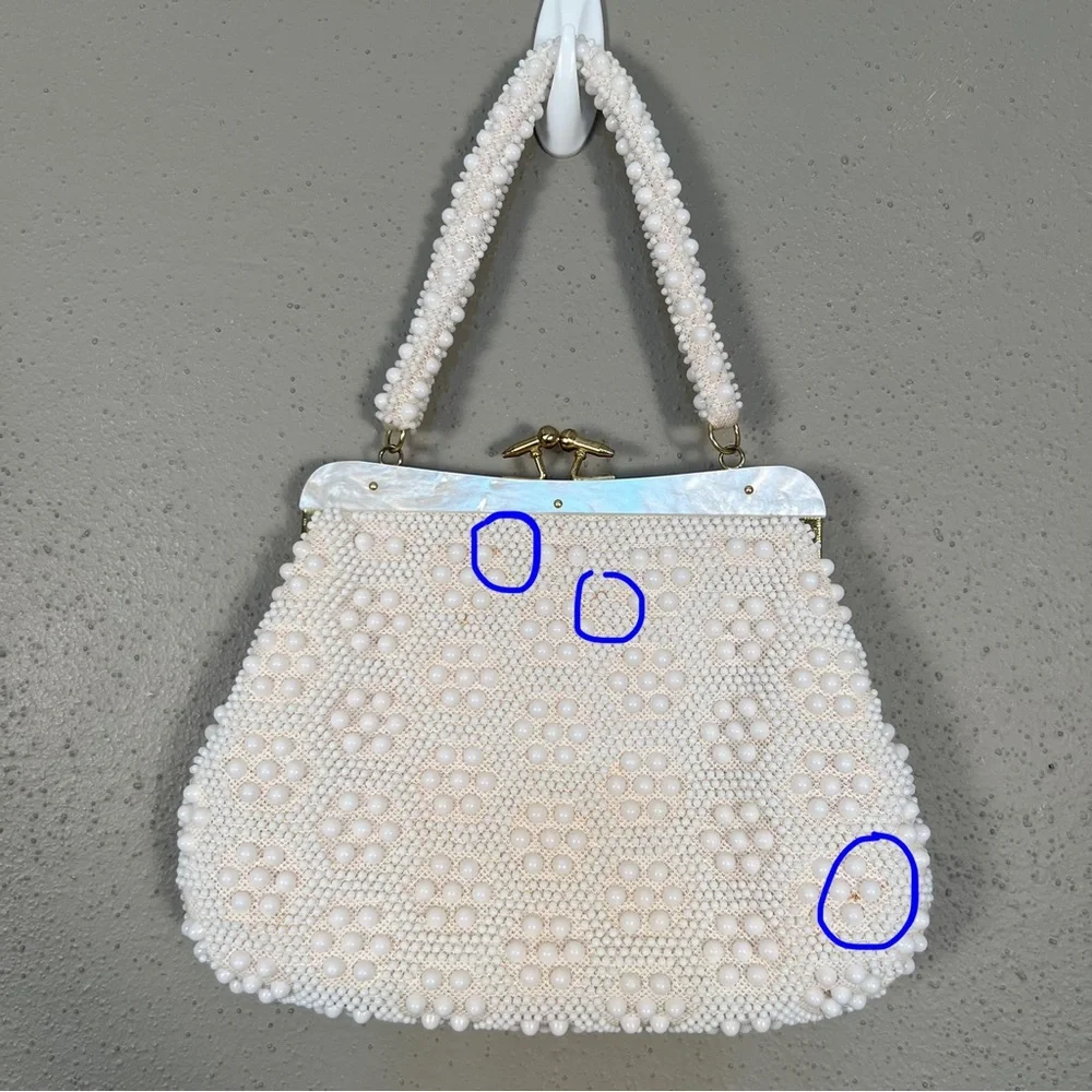 VTG 8x11 Beaded Purse White Gold John Wind Hong Kong Bakelite Pearl - Picture 10 of 10